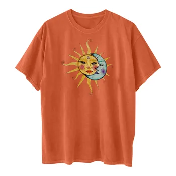Moda Topuri Femei Sexy Plus Dimensiunea Vrac Epocă Soare Și Lună Imprimate Model Casual de Vara cu Maneci Scurte tricou supradimensionat