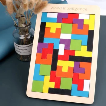 Colorat Puzzle 3D din Lemn Tetris Blocuri Jucarii Educative de Educație Timpurie de Interacțiune Părinte-copil