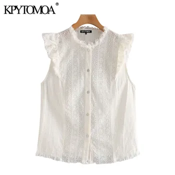 KPYTOMOA Femei 2020 Moda Broderie Uzat Ornamente Ciufulit Bluze Vintage Buton-up Mâneci Feminin Tricouri Blusas Topuri Chic
