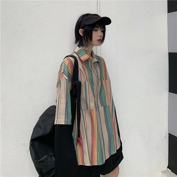 Rainbow Stripe Tricouri Femei Blusas Femininas Harajuku Mozaic Camasa cu Maneca Lunga Femme Haine Largi Femei Topuri si Bluze