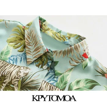 KPYTOMOA Femei 2020 Chic de Moda Animal Print Bluze Largi Epocă Rever Guler Maneca Lunga Asimetrica Femei Tricouri Topuri Chic
