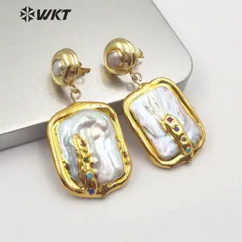 WT-E574 prețul de en-gros colorat piatră deschide cu perla Cercei perle albe rotunde pătrat formă neregulată Bijuterii de aur Cercei