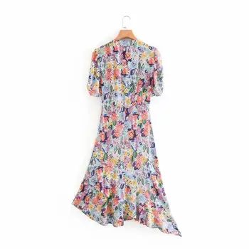 Femei elegante v gât floare de imprimare elastic O linie rochie doamnelor prerie chic mâneci tiv neregulate casual, Rochii midi DS4109