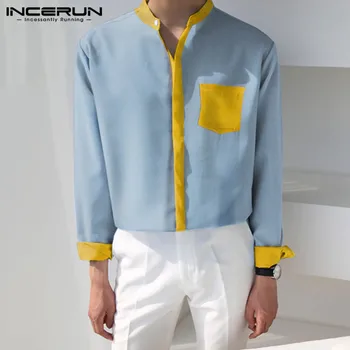 INCERUN Barbati Casual Tricou Mozaic Stand de Guler cu Maneci Lungi Buton-Up Brand de Tricouri 2021 Moda Vrac Streetwear Camisas Hombre