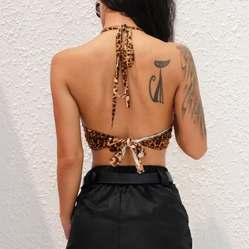 Femei Sexy Leopard Imprimate Ștreangul de Topuri de Cultură Camis Backless Bandaj Dantelă Paiete Inel Metalic Rezervor Topuri Sutien Petrecere de Club Bustiera