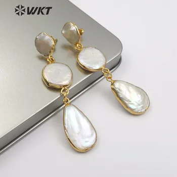 WT-E491 WKT Noi Cercei cu Perle Naturale de apă Dulce Pearl Cercei Femei Trei Perle Agățat Ramă de Aur Picături forma de Bijuterii
