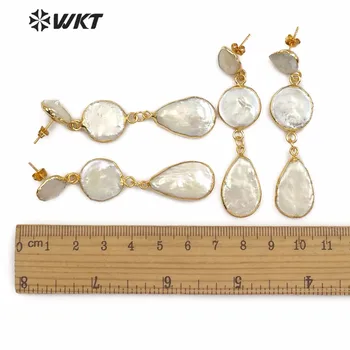WT-E491 WKT Noi Cercei cu Perle Naturale de apă Dulce Pearl Cercei Femei Trei Perle Agățat Ramă de Aur Picături forma de Bijuterii