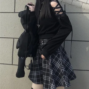 Harajuku Tricou Femei Punk Gotice Tricoul Toamna Iarna Plus Catifea Gol Afară De Dantelă Cu Maneci Lungi Drăguț Hanorac Cu Urechi De Pisica