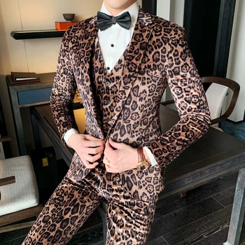 Animal Print leopard Rochie de Costume de barbati catifea 2020 business casual slim fit Eveniment de Grup Activitate de nunta pentru Bărbați Costum 3 piese set