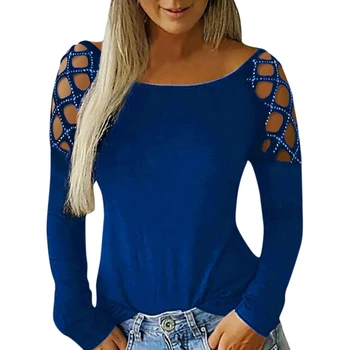 JAYCOSIN Casual Bluza de Moda pentru Femei Echipajul Gât Hollow-Out Împânzit cu Maneca Lunga Topuri Casual Doamnelor BlousShirt 722