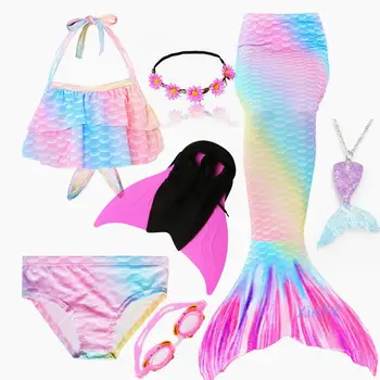 Cele mai recente Curcubeu Diagonal Sirena Cozi cu Fin costume de Baie Pentru Copii Bikini Costum de Baie, Rochie pentru Fete Cu Flipper Pentru Înot
