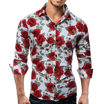 Noi Barbati Maneca Lunga Camasa Casual Moda Floare Trandafir 3D Imprimate Florale Cămașă de Turn-down Guler Slim Fit Shirt Pentru Barbati Haine