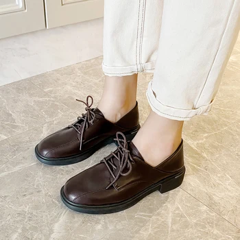 2021 FIERBINTE Oxfords Femei Pantofi Casual, Balerini Pantofi Stil Britanic Dantelă-Up de Închidere Doamnelor Munca de Birou Pantofi Mocasini Negru