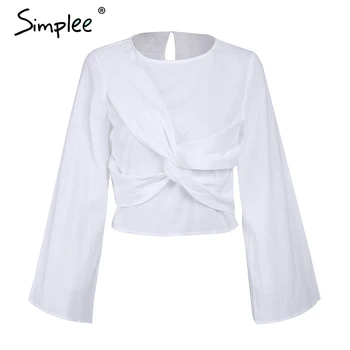 Simplee Toamna cruce flare sleeve bluza tricou Femei elegante scurte topuri albe blusas Feminina de vară casual bluza lenjerie blusa
