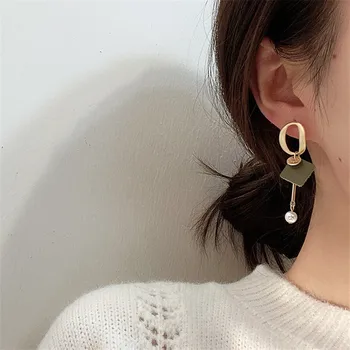 Hangzhi S925 coreene Noi la Modă din Piele Pearl de Metal Lung Asimetric Picătură Cercei Bijuterii pentru Femei Petrecerea de Nunta Cadou