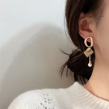 Hangzhi S925 coreene Noi la Modă din Piele Pearl de Metal Lung Asimetric Picătură Cercei Bijuterii pentru Femei Petrecerea de Nunta Cadou