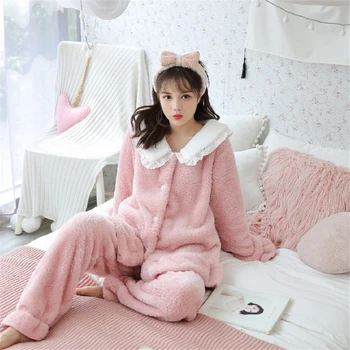 Pijamale de Iarna noi Flanel cald pijamale coreean kawaii Pijama Set de Moda pijama mujer petrecere a timpului Liber Acasă Pânză pijamale femei 2 BUC