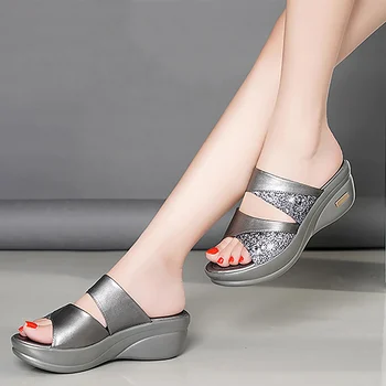 Femei sandale Platforma 2020 Nou Stras Peep toe sandale de Vara pentru femei Sexy si Damele de Diapozitive Pene de sex Feminin pantofi de Aur/Gri