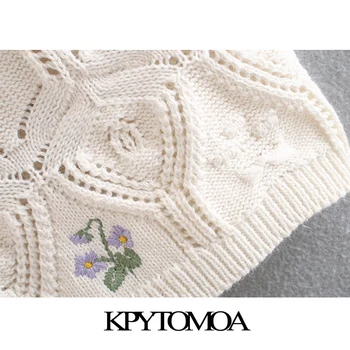 KPYTOMOA Femei 2020 Moda Broderii Florale Trunchiate Cardigan Tricotate Pulover Vintage Maneca Scurta Femei Îmbrăcăminte exterioară Topuri Chic