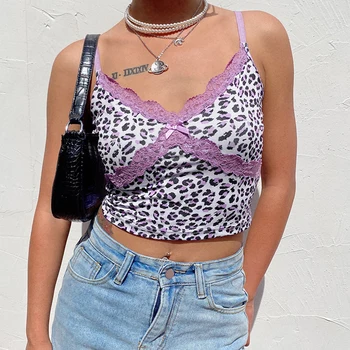 Dossni Haine Pentru Femei Leopard De Imprimare Topuri De Cultură Criss-Cross Dantelă Față Camis Topuri Stil Punk De Moda De Vară Fara Spate Clubwear