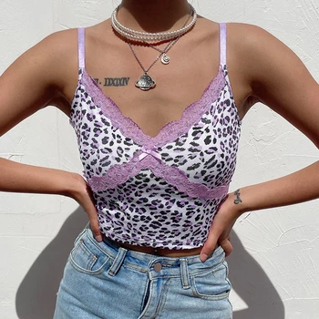 Dossni Haine Pentru Femei Leopard De Imprimare Topuri De Cultură Criss-Cross Dantelă Față Camis Topuri Stil Punk De Moda De Vară Fara Spate Clubwear