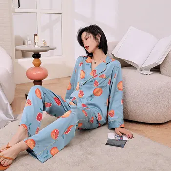 Toamna Satin Pijamale de Mătase pentru Femei Set pijamale Dublu rânduri Pigiama Donna pijamale Mujer Pijamale Pijamale Pizama Damska 2 buc