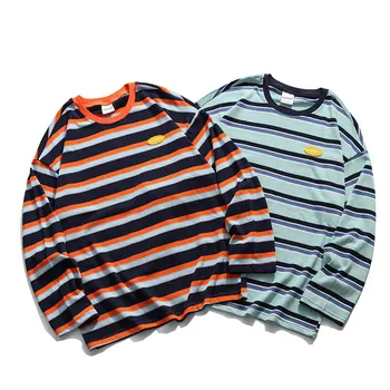 Aolamegs cu Dungi T-shirt pentru Bărbați Toamna cu Maneca Lunga Tricouri Bluze Casual Colegiul Stil Pulover Cuplu Harajuku Simplu Streetwear