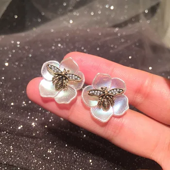 UNICE Real Argint 925 Floare de Cristal Cercei Stud pentru Femei Bijuterii Fine Perle de Epocă de Albine Petale Albe Cercei