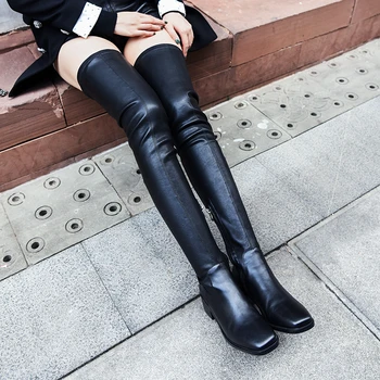 New Sosire Femei Peste Genunchi Cizme Toamna Iarna Cald Pătrat Tocuri Pantofi de Femeie Deget de la picior pătrat Elegant cu Fermoar Cizme Înalte