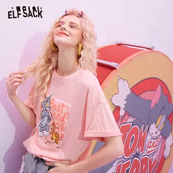 ELFSACK Harajuku Roz Desene animate Grafic de Imprimare Casual T-Shirt Femei de Vară 2020 ELF Albastru cu Maneci Scurte coreean Doamnelor de zi cu Zi Top Drăguț
