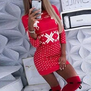Moda De Craciun Pentru Femei Rochii Tricotate Bodycon Imprimare Doamnelor Rochie Cu Maneci Lungi 2020 Toamna Iarna Femei Haine De Sărbătoare 2021