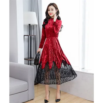 Rochie de iarna Femei Vin Roșu Dantelă Cusaturi Maneci Lungi Guler Rochii 2019 Noua Toamna-coreean Birou Elegant Rochie Maxi LR227