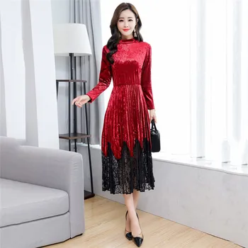 Rochie de iarna Femei Vin Roșu Dantelă Cusaturi Maneci Lungi Guler Rochii 2019 Noua Toamna-coreean Birou Elegant Rochie Maxi LR227
