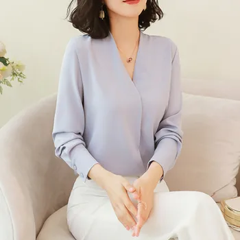Moda coreeană Bluza Șifon Tricou Femei Elegante cu Maneca Lunga Bluze Femei V-neck Alb OL Tricou Plus Dimensiune Blusas Mujer De Moda