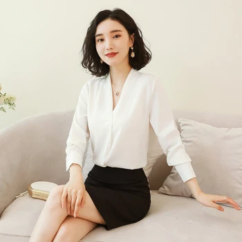 Moda coreeană Bluza Șifon Tricou Femei Elegante cu Maneca Lunga Bluze Femei V-neck Alb OL Tricou Plus Dimensiune Blusas Mujer De Moda