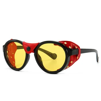 TEENYOUN 2021 Moda Rotund SteamPunk ochelari de Soare Pentru Femei Barbati din Piele Laterale Scut de Ochelari de Soare UV400 Ochelari de Oculos De Sol