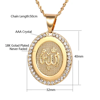 Culoare de aur Allah Coliere pentru Femei,Islamul Pendant W/Piatră,Orientul Mijlociu Musulman Bijuterii Arabe Cadouri Nu s-a Stins