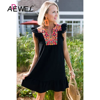ADEWEL Negru Print Boho Pompom Sleeve Shift Femeie Dress V Gâtului Vestido De Mujer Rochii Pentru Femei Vestido De Mulher Kobieta XL