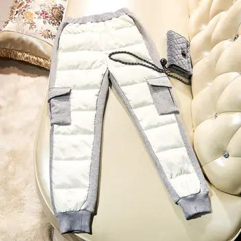Femei pantaloni de bumbac purta iarna despicare buzunar mare îngroșat alb rață jos corset salopete casual