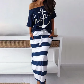 Femei Costum Sexy de Pe Umăr Două Seturi de Piese Rochie Barca Anchor Print T-Shirt cu Dungi Fusta Maxi Elegant Vacanta Set de Agrement