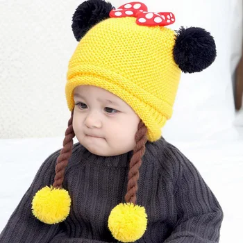 Coreeană Două peruci lână, pălării de Iarnă pentru Copii Copil pălărie tricotate Bowknot minge de blana copii fete Earflap Capace de Varsta de la 6 luni la 2 ani