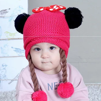 Coreeană Două peruci lână, pălării de Iarnă pentru Copii Copil pălărie tricotate Bowknot minge de blana copii fete Earflap Capace de Varsta de la 6 luni la 2 ani