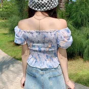 Vara Femeile Dulce Șifon Bluza Modă Plisate Contrast Pătrat Guler Camasa Scurt Topuri Stil Coreean Tricou O Mărime