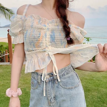 Vara Femeile Dulce Șifon Bluza Modă Plisate Contrast Pătrat Guler Camasa Scurt Topuri Stil Coreean Tricou O Mărime