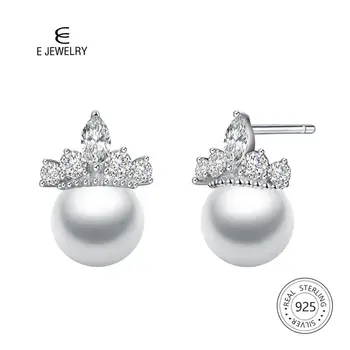 E Natural Coajă Perla Coroanei Stud Argint 925 Cercei cu Cubic Zirconia Pentru Femei de Nunta Elegante, Bijuterii Fine Cadou