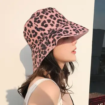 Noua fata doamna casual bumbac reversibile purta pălărie găleată Femei Leopard de imprimare pescar capac Floppy mare cozoroc pălărie panama gorros