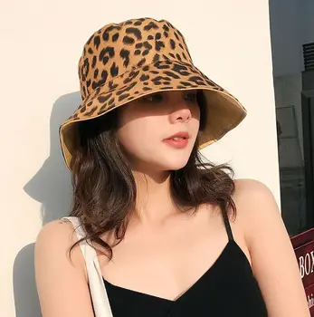 Noua fata doamna casual bumbac reversibile purta pălărie găleată Femei Leopard de imprimare pescar capac Floppy mare cozoroc pălărie panama gorros