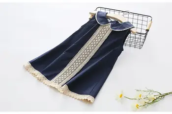 Bleumarin Fete Dress 2020 Nou fără Mâneci Dantelă Mozaic Copii Rochii pentru Fete Guler de Pan Peter O linie de Imbracaminte Copii de Vara