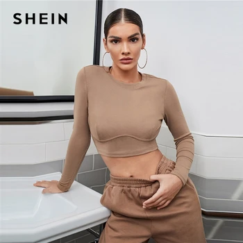 SHEIN Kaki Solide Montate Cusătură Față Crop Top pentru Femei Toamna Bază Tricou Rotund Gat cu Maneci Lungi Skinny Casual T-shirt