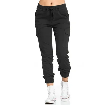 European Stil American Culoare Solidă Talie Elastic Cu Cordon Mai Multe Buzunare Cargo Pantaloni Femei De Stradă La Modă Pantaloni Chic